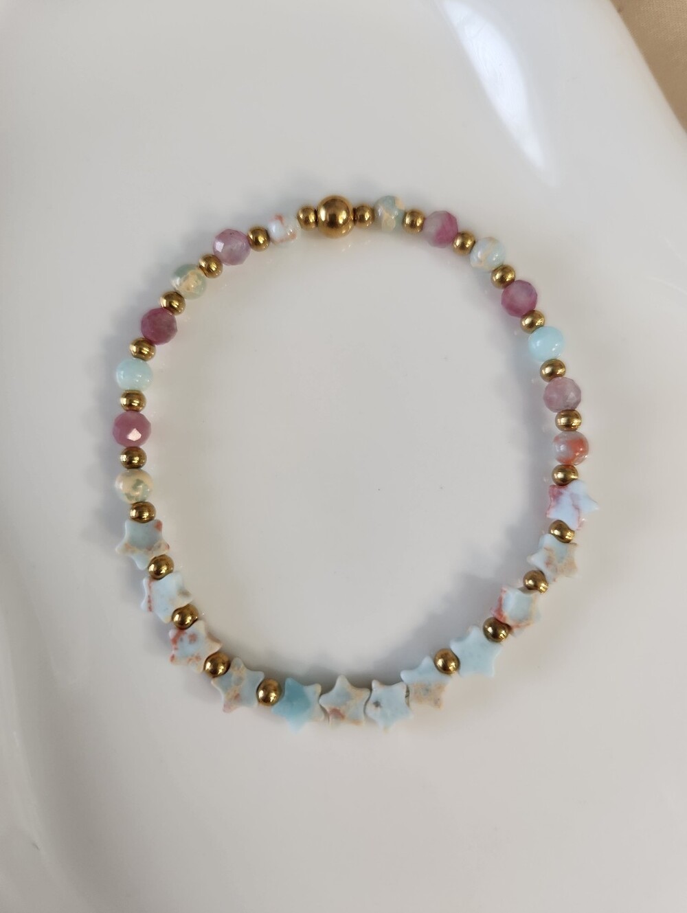 Handmade Pink Tourmaline And Star Imperial Jasper Beaded Bracelet